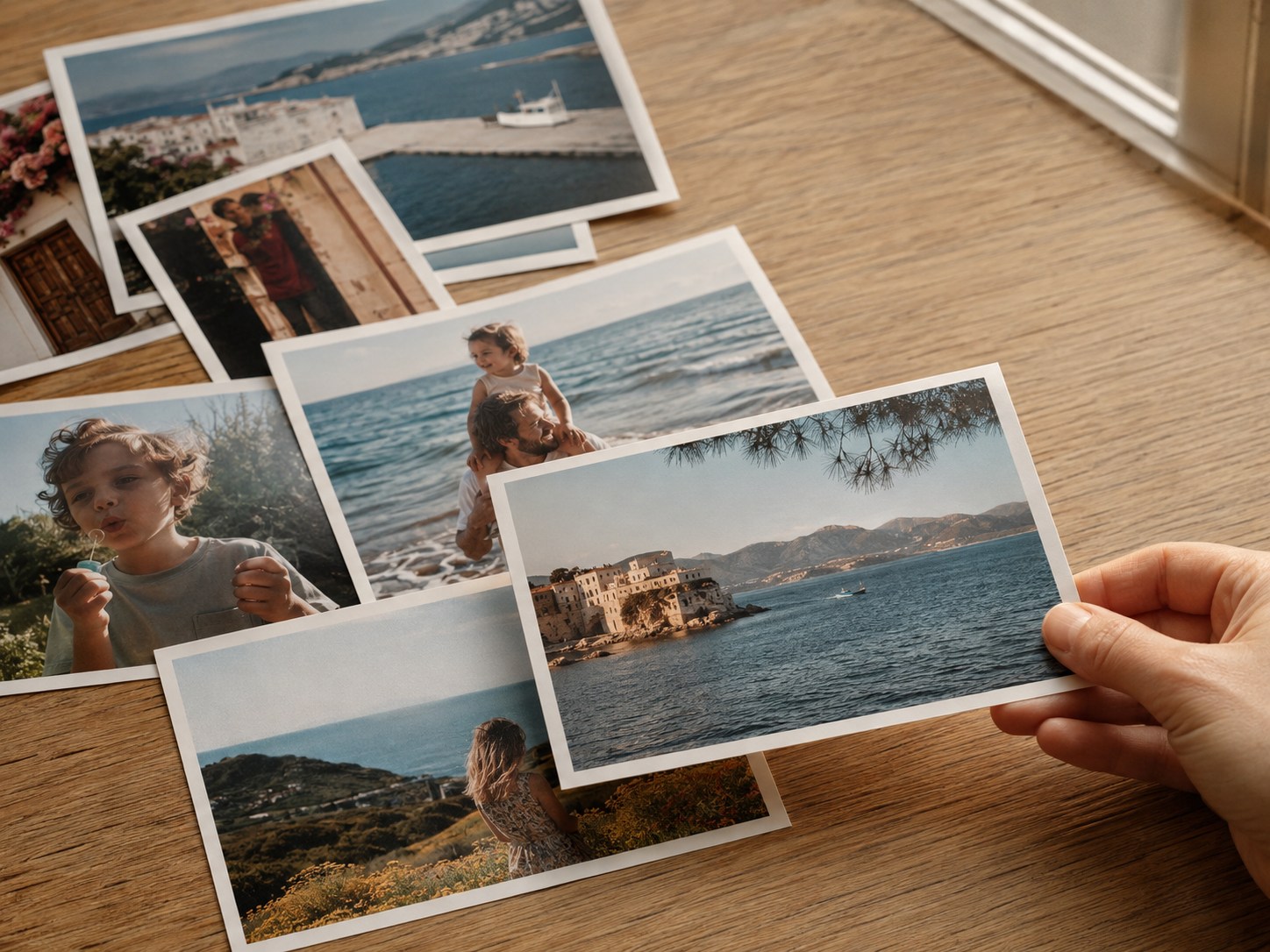 Fotografii de familie și de vacanță tipărite pe hârtie, așezate pe o masă în lumină naturală
